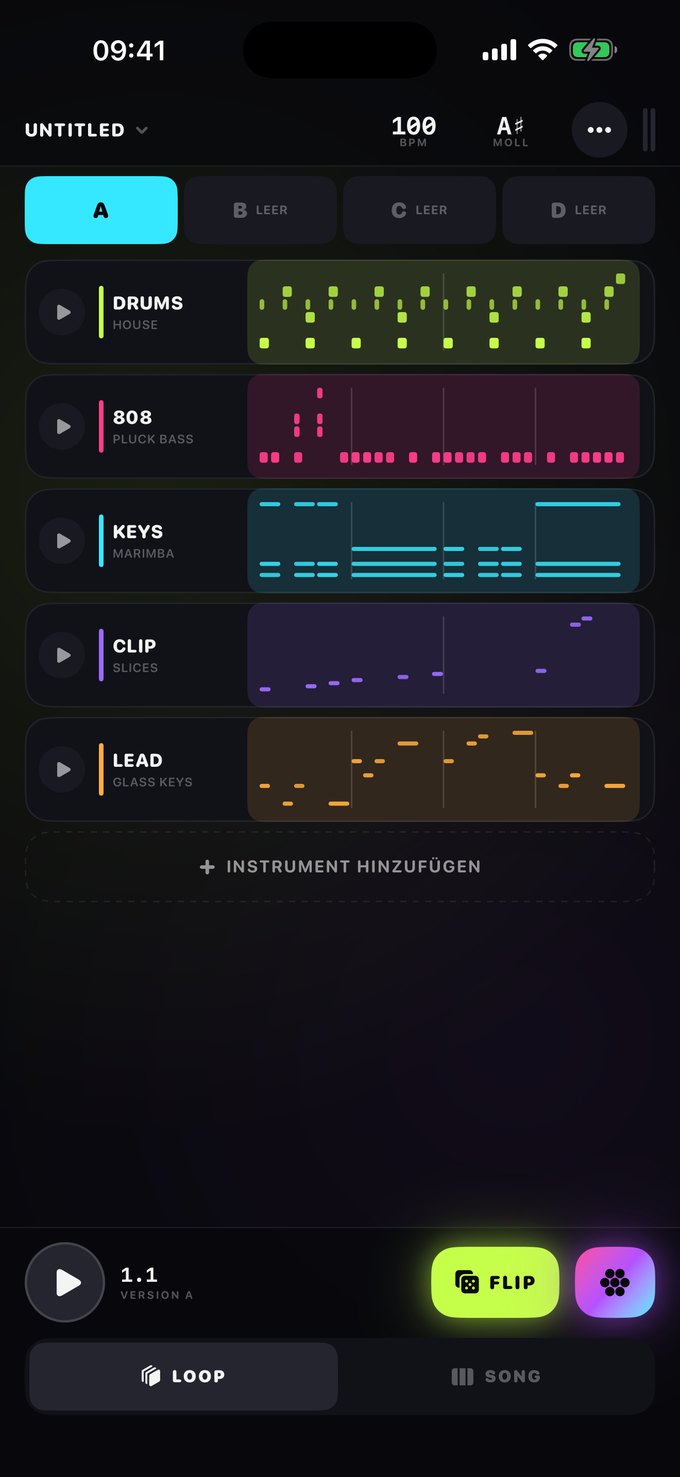 Der Loop-Screen von Wormhole: vier Instrumentenzeilen mit ihren Patterns.