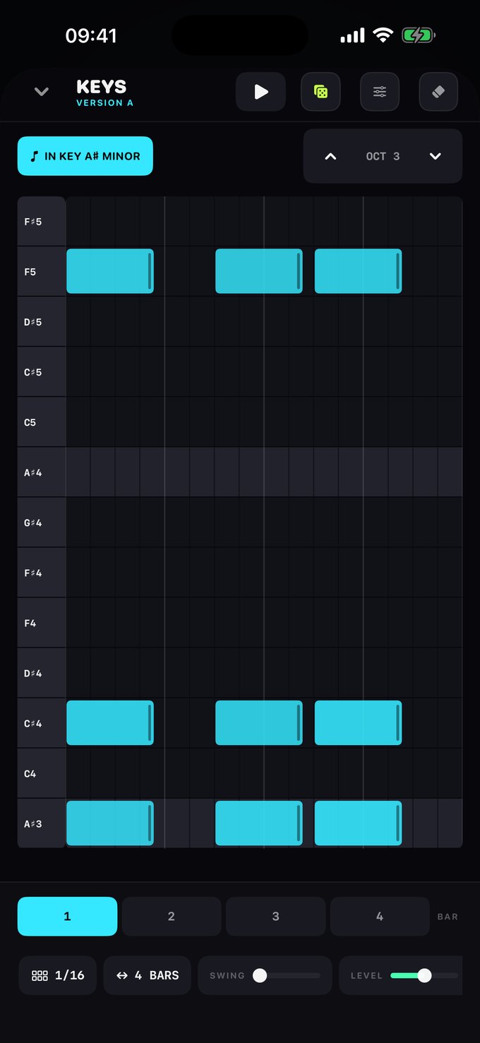 A piano-roll editor labelled “in key A sharp minor”.