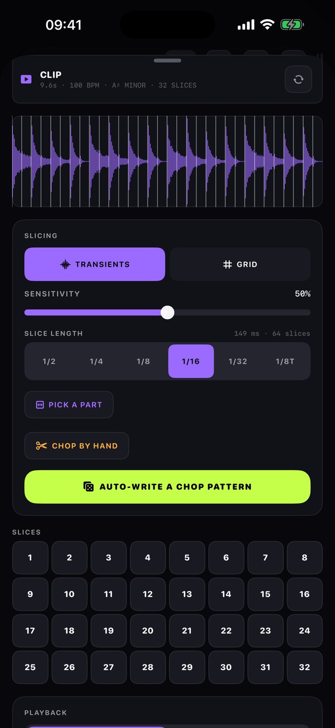 A waveform cut into 32 slices, with tempo and key detected automatically.