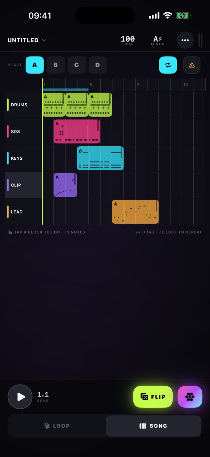 An arrangement timeline with coloured clip blocks on four lanes.